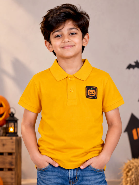 Kiddopanti Boys Cotton Knit Half Sleeves Badges Graphic Printed Pique Polo T-Shirt