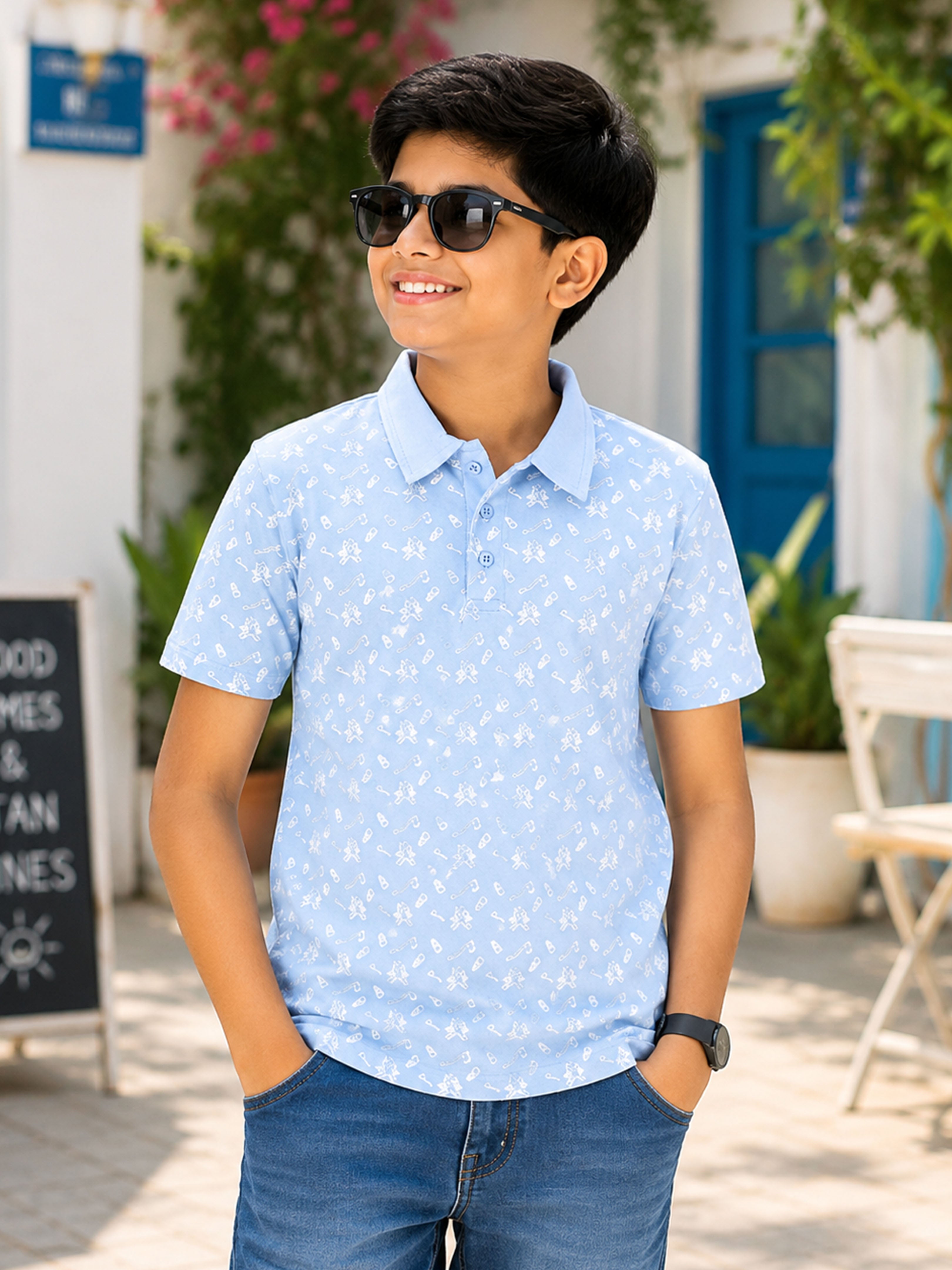 Kiddopanti Boys Cotton Knit Half Sleeves All Over Graphic Printed Polo T-Shirt