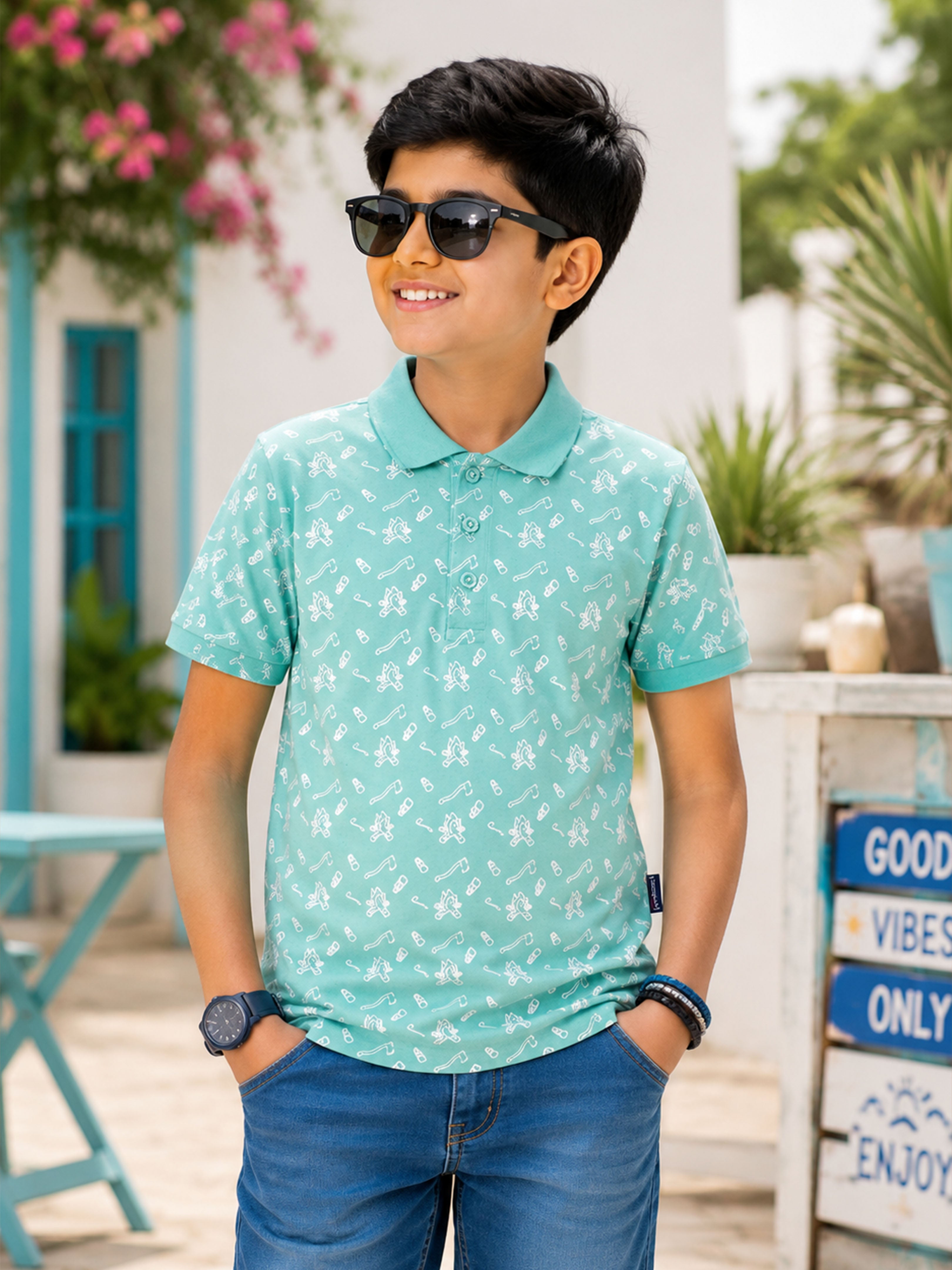 Kiddopanti Boys Cotton Knit Half Sleeves All Over Graphic Printed Polo T-Shirt