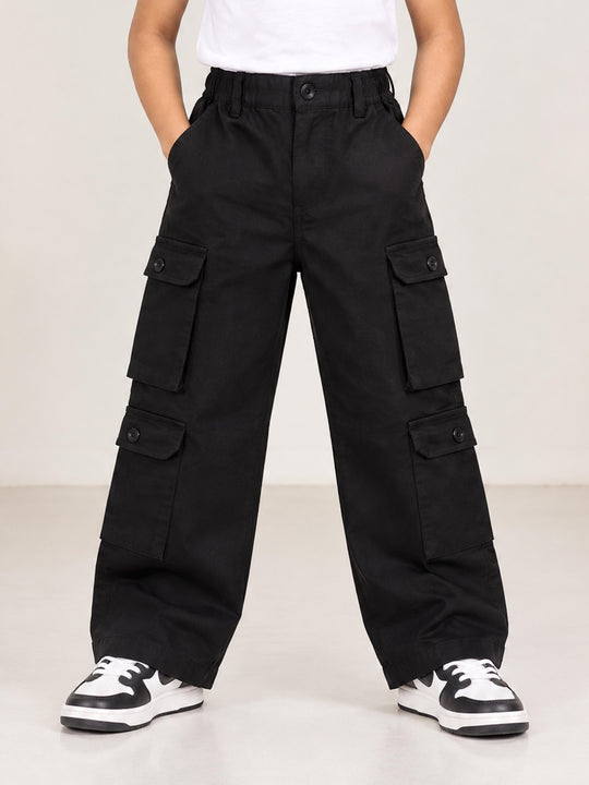 Kiddopanti Boys Cotton Woven Baggy Fit Solid Cargo Pants with Multi Utility Pockets
