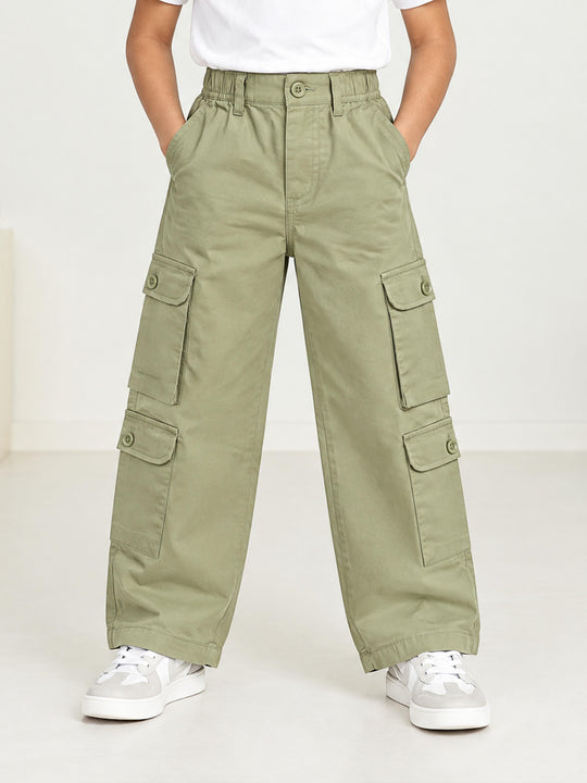 Kiddopanti Boys Cotton Woven Baggy Fit Solid Cargo Pants with Multi Utility Pockets