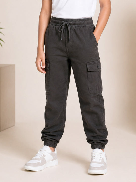 Kiddopanti Boys Cotton Woven Solid Elasticated Waist & Hem Cargo Jogger Pants
