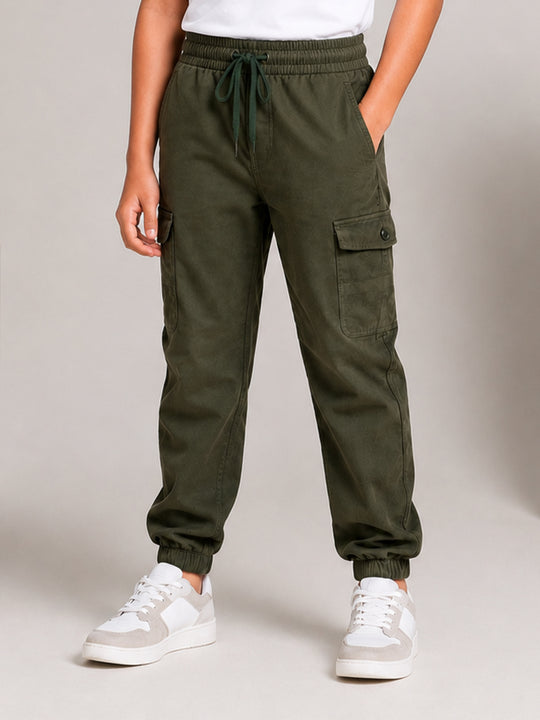 Kiddopanti Boys Cotton Woven Solid Elasticated Waist & Hem Cargo Jogger Pants
