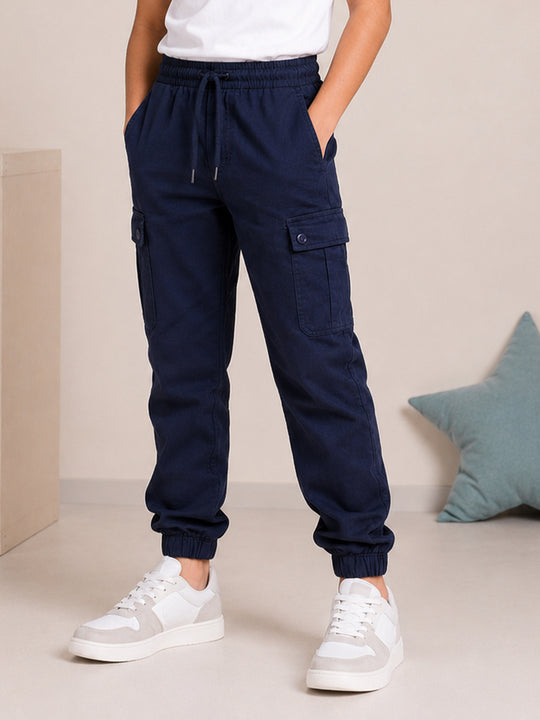 Kiddopanti Boys Cotton Woven Solid Elasticated Waist & Hem Cargo Jogger Pants