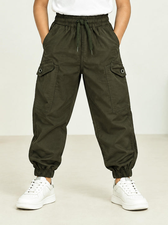 Kiddopanti Boys Cotton Woven Solid Parachute Fit Cargo Pants with Utility Flap Pockets