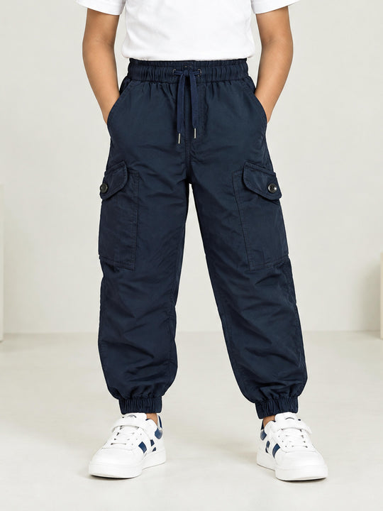 Kiddopanti Boys Cotton Woven Solid Parachute Fit Cargo Pants with Utility Flap Pockets