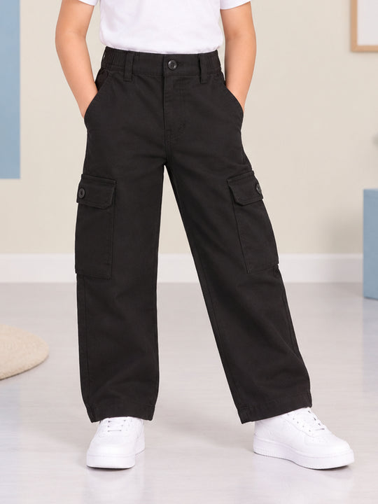 Kiddopanti Boys Cotton Cargo Pants with Elasticated Waist & Utility Flap Pockets