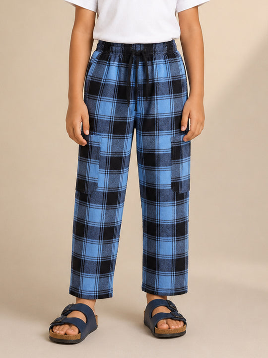 Kiddopanti Boys Cotton Woven Checks Printed Elasticated Waist Regular Fit Cargo Pants