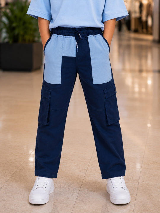 Kiddopanti Boys Cotton Full length Contrast Patch Pocket Cargo Pant With Elasticated Drawstring
