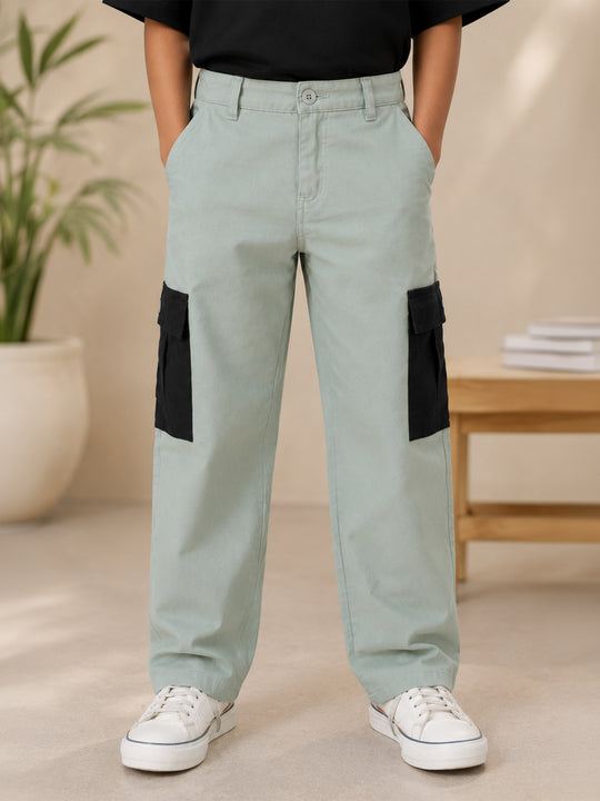 Kiddopanti Boys Cotton Thigh Cut Sew Cargo Pant With Contrast Cargo Pocket