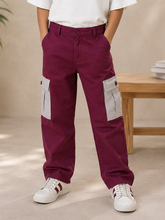 Kiddopanti Boys Cotton Thigh Cut Sew Cargo Pant With Contrast Cargo Pocket