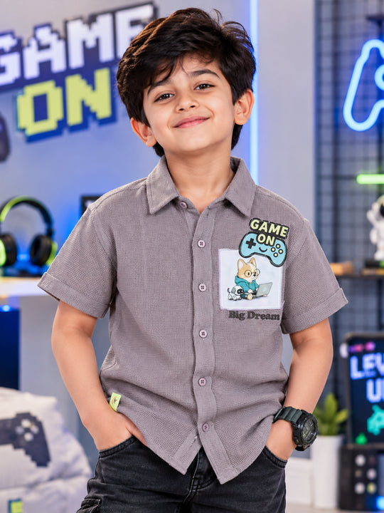 Kiddopanti Boys Cotton Half Sleeves Graphic Textured Shirt with Pocket Patch Detail