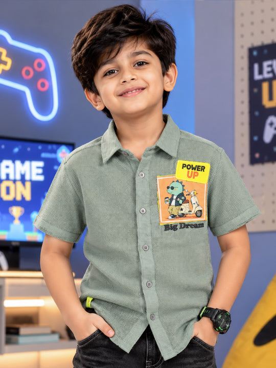Kiddopanti Boys Cotton Half Sleeves Graphic Textured Shirt with Pocket Patch Detail
