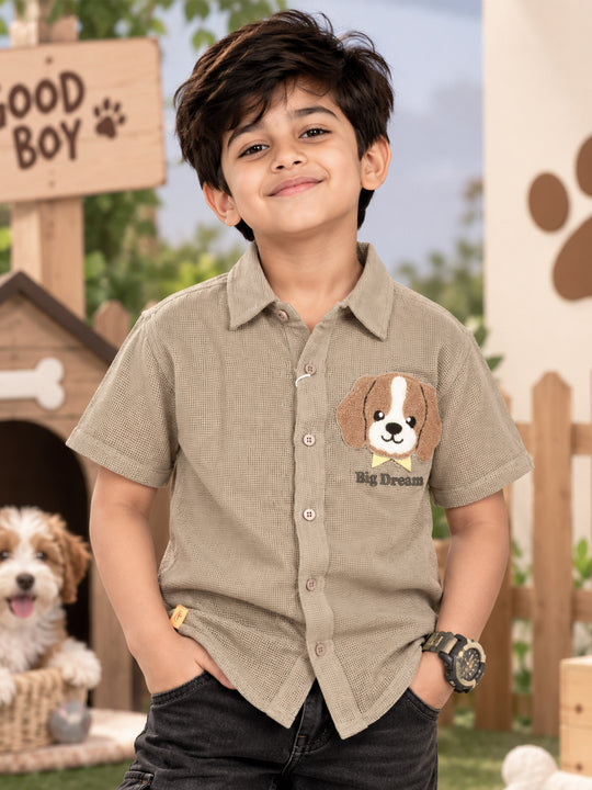Kiddopanti Boys Cotton Half Sleeves Graphic Textured Shirt with Pocket Patch Detail