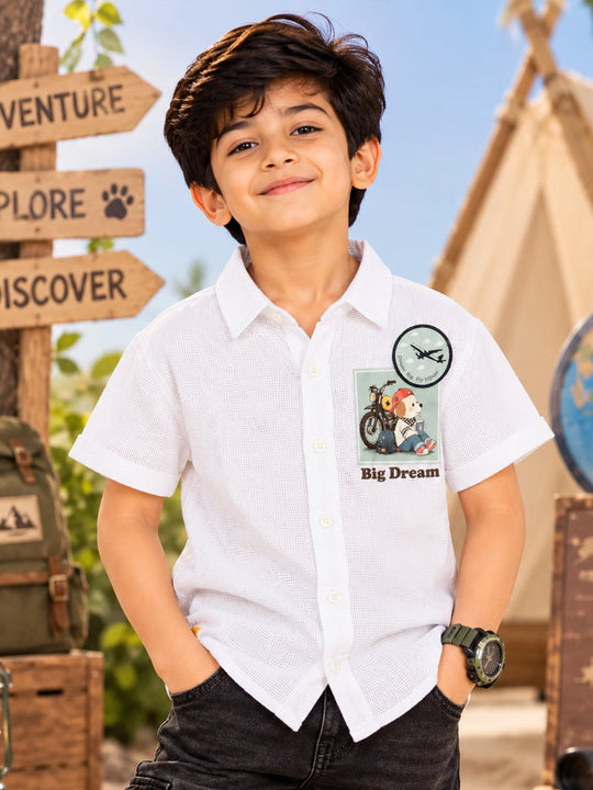 Kiddopanti Boys Cotton Half Sleeves Graphic Textured Shirt with Pocket Patch Detail