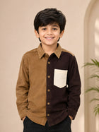 Kiddopanti Boys Cotton Woven Colour Block Corduroy Shirt with Contrast Pocket