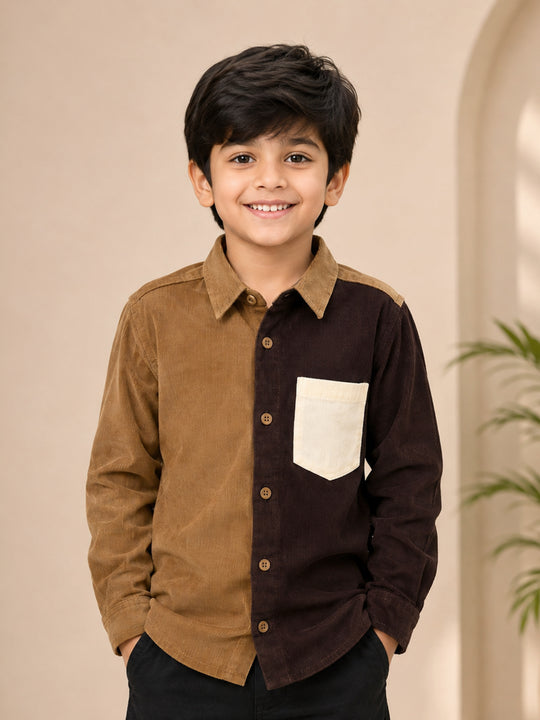Kiddopanti Boys Cotton Woven Colour Block Corduroy Shirt with Contrast Pocket