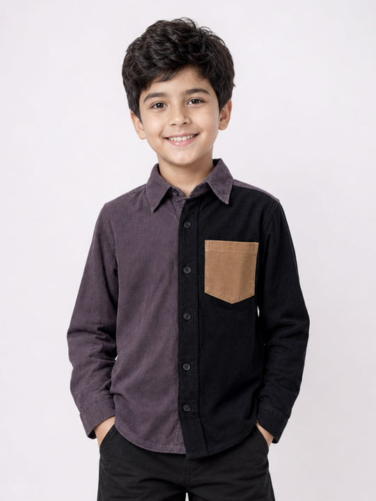 Kiddopanti Boys Cotton Woven Colour Block Corduroy Shirt with Contrast Pocket