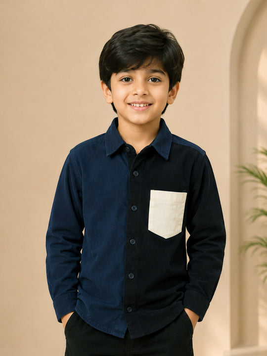 Kiddopanti Boys Cotton Woven Colour Block Corduroy Shirt with Contrast Pocket