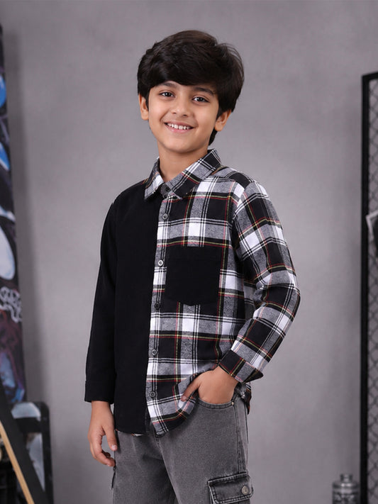 Kiddopanti Boys Cotton Woven Corduroy & Check Shirt with Contrast Pocket