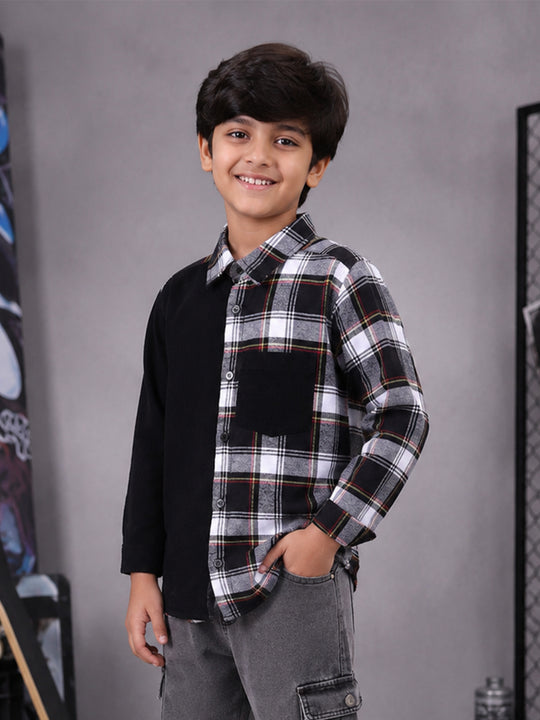 Kiddopanti Boys Cotton Woven Corduroy & Check Shirt with Contrast Pocket