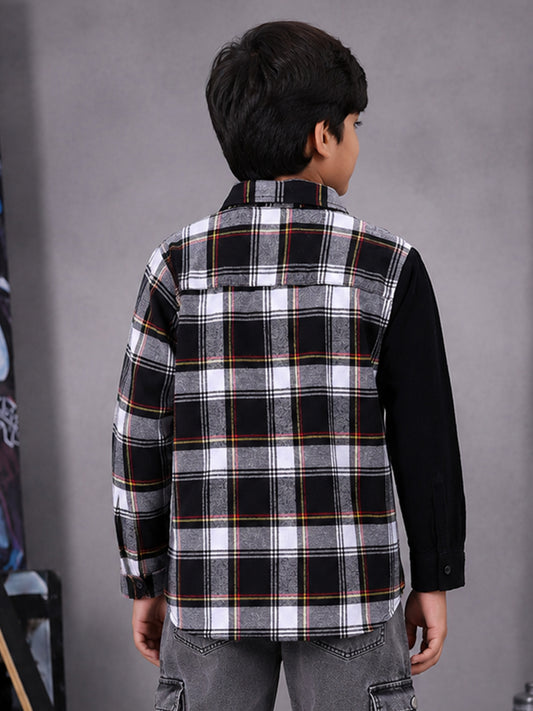 Kiddopanti Boys Cotton Woven Corduroy & Check Shirt with Contrast Pocket