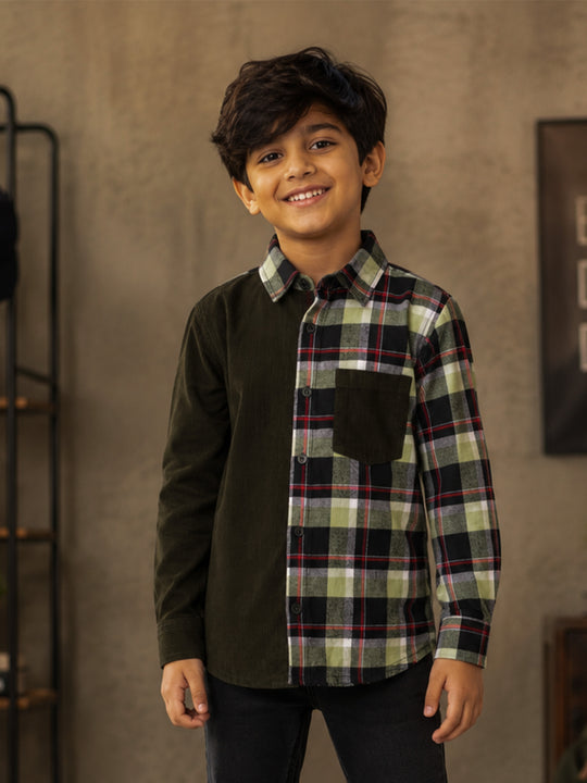 Kiddopanti Boys Cotton Knit Corduroy & Check Shirt with Contrast Pocket