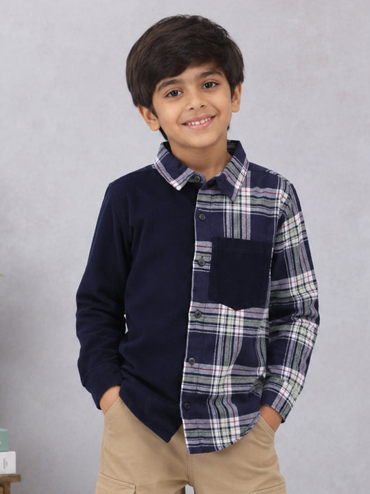 Kiddopanti Boys Cotton woven Full Sleeves Corduroy & Check Shirt with Contrast Pocket