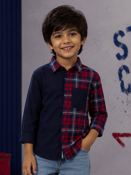 Kiddopanti Boys Cotton Knit Corduroy & Check Shirt with Contrast Pocket