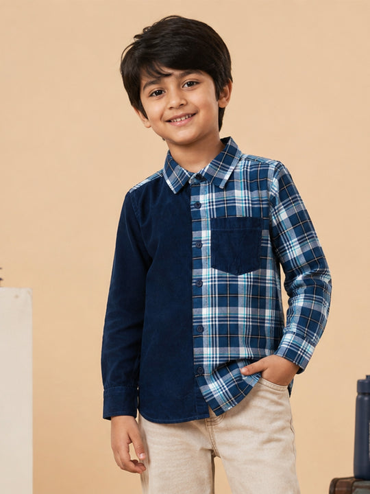 Kiddopanti Boys Cotton woven Full Sleeves Corduroy & Check Shirt with Contrast Pocket