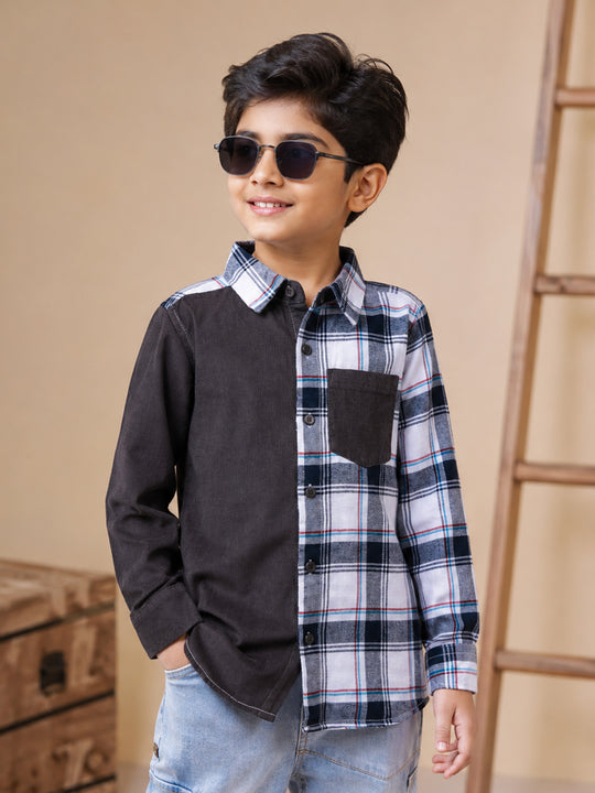 Kiddopanti Boys Cotton woven Full Sleeves Corduroy & Check Shirt with Contrast Pocket