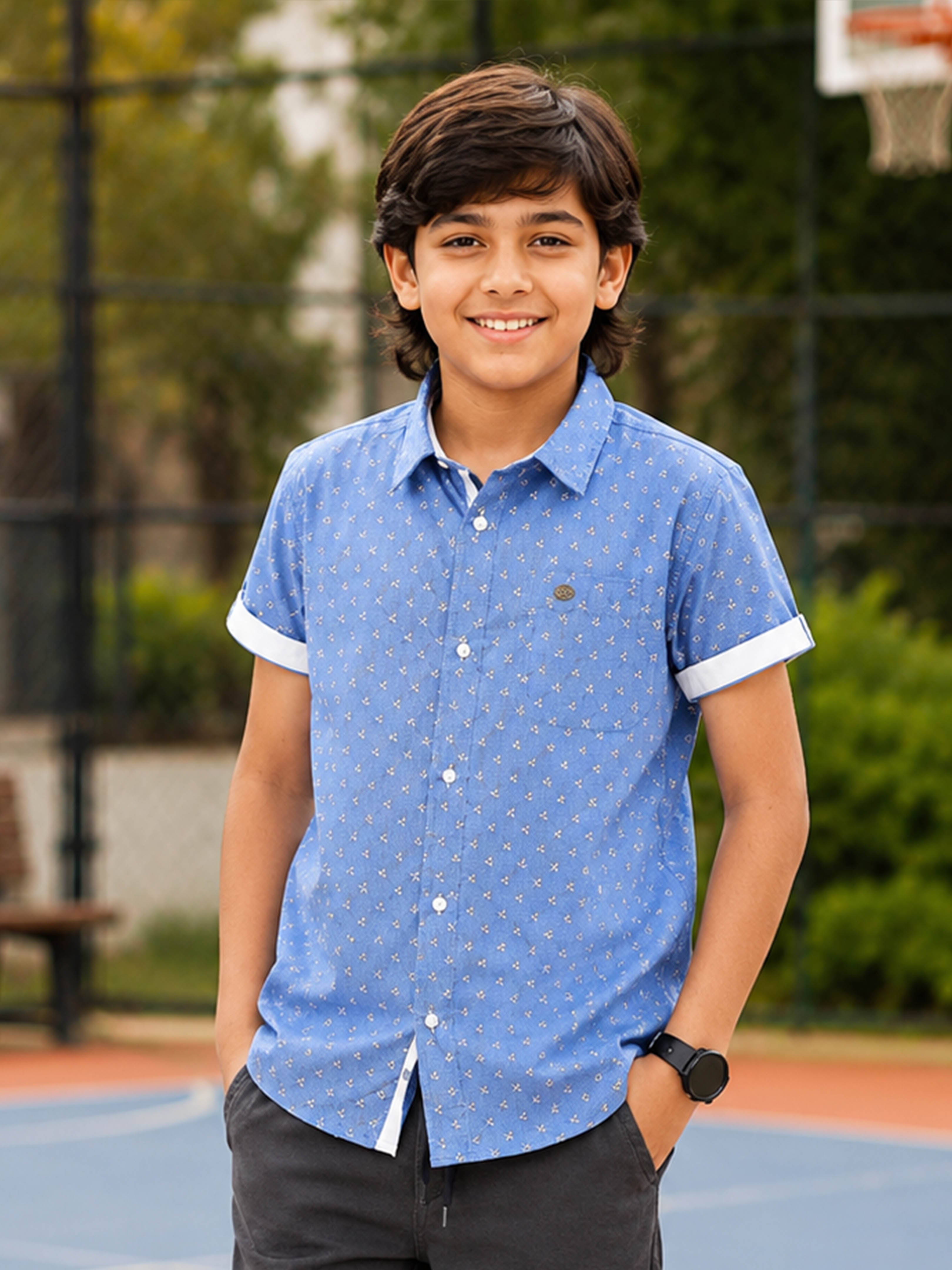 Kiddopanti Boys Cotton Woven Half Sleeve All Over Printed Casual Shirts