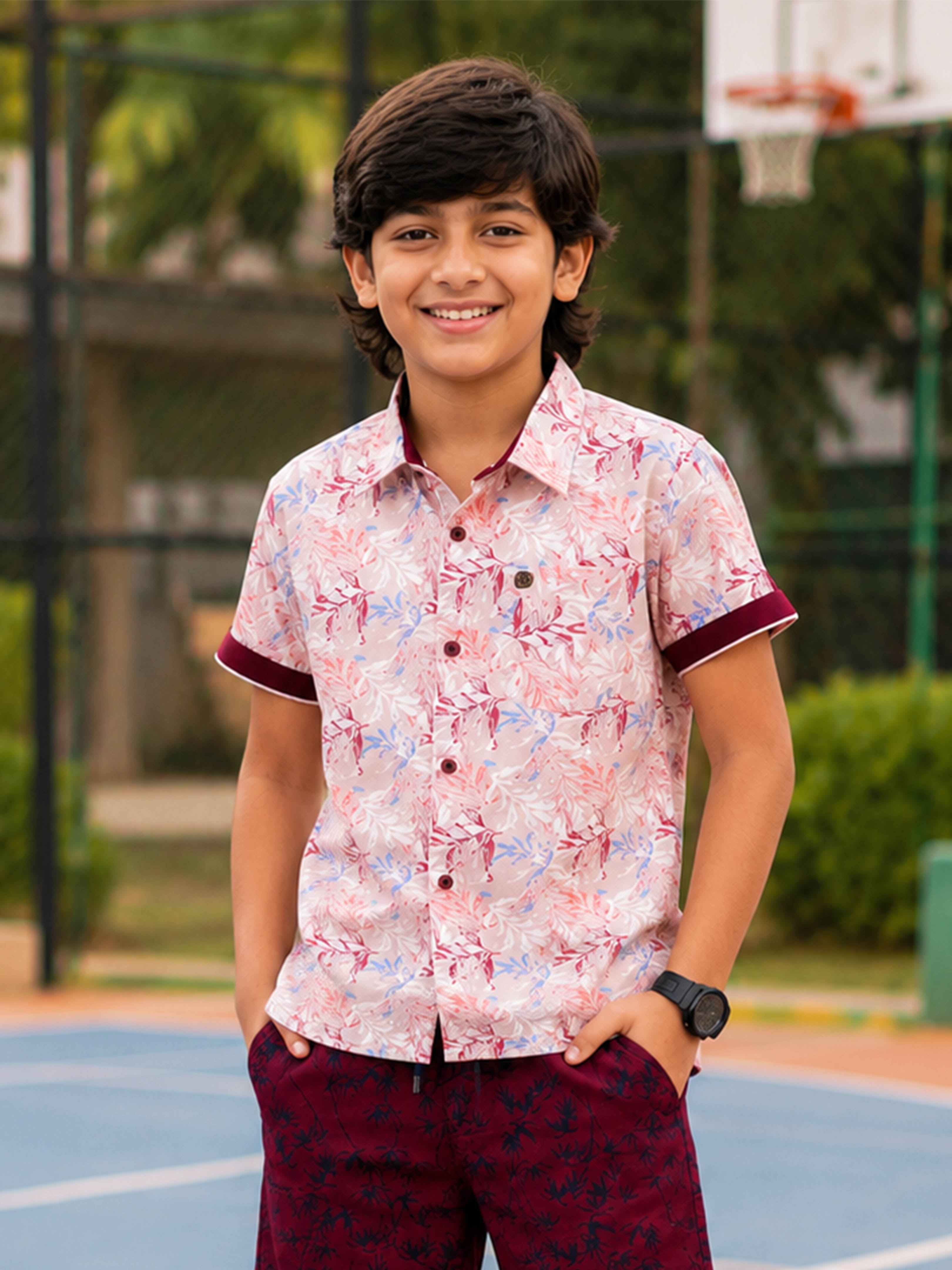 Kiddopanti Boys Cotton Woven Half Sleeve All Over Printed Casual Shirts