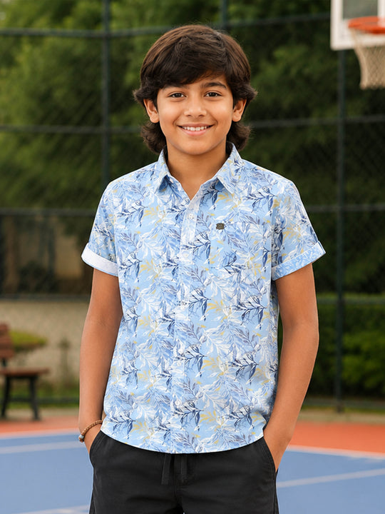 Kiddopanti Boys Cotton Woven Half Sleeve All Over Printed Casual Shirts