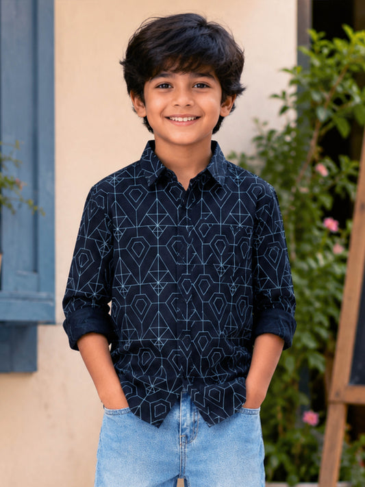 Kiddopanti Boys Cotton Woven Full Sleeves Diamond Printed Shirt