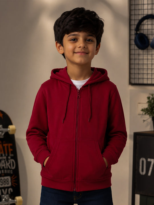 Kiddopanti Boys & Girls Full Sleeves Solid Zip Front Open Hooded Sweatshirt