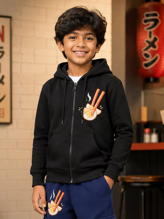 Kiddopant Boys Cotton Blend Fleece Full Sleeves Front Zip Open Graphic Printed Hooded Sweatshirt