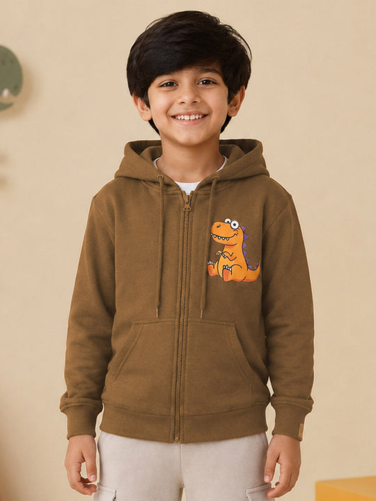 Kiddopant Boys Cotton Blend Fleece Full Sleeves Front Zip Open Graphic Printed Hooded Sweatshirt