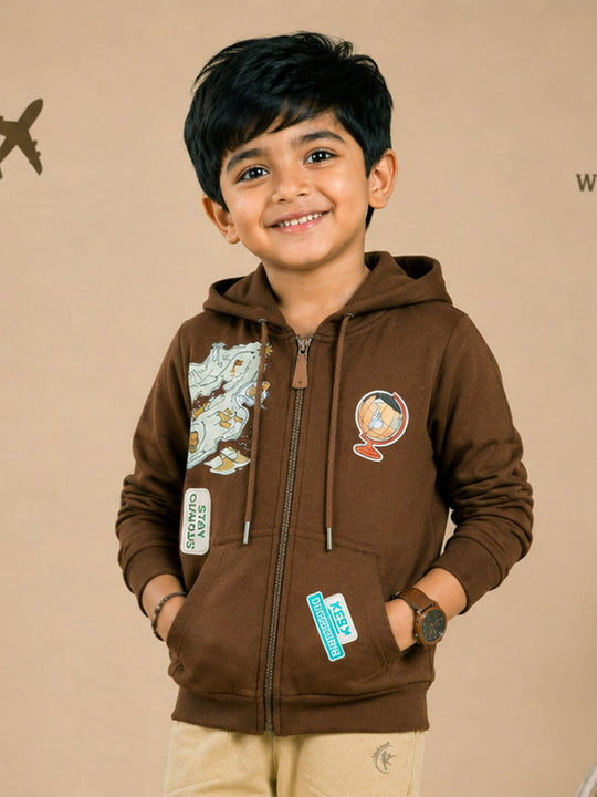 Kiddopant Boys Cotton Blend Fleece Full Sleeves Front Zip Open Graphic Printed Hooded Sweatshirt