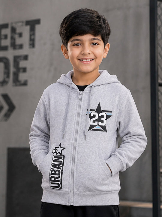 Kiddopant Boys Cotton Blend Fleece Full Sleeves Front Zip Open Graphic Printed Hooded Sweatshirt