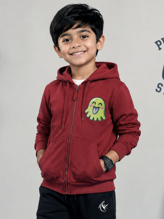 Kiddopant Boys Cotton Blend Fleece Full Sleeves Front Zip Open Graphic Printed Hooded Sweatshirt