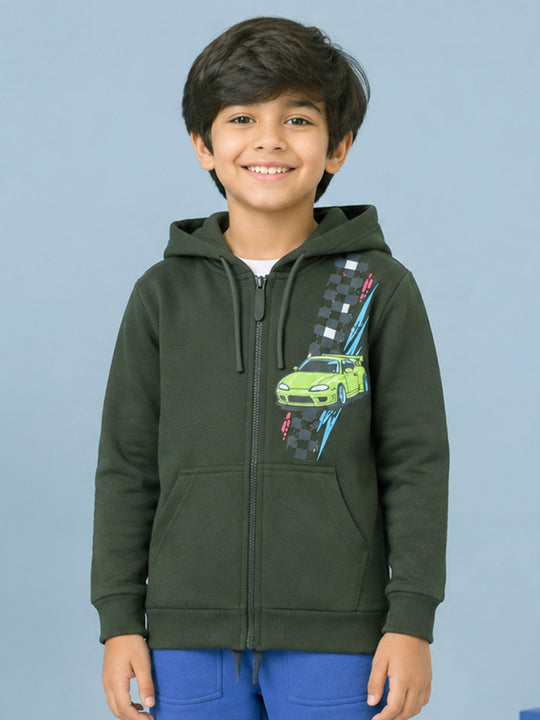 Kiddopant Boys Cotton Blend Fleece Full Sleeves Front Zip Open Graphic Printed Hooded Sweatshirt