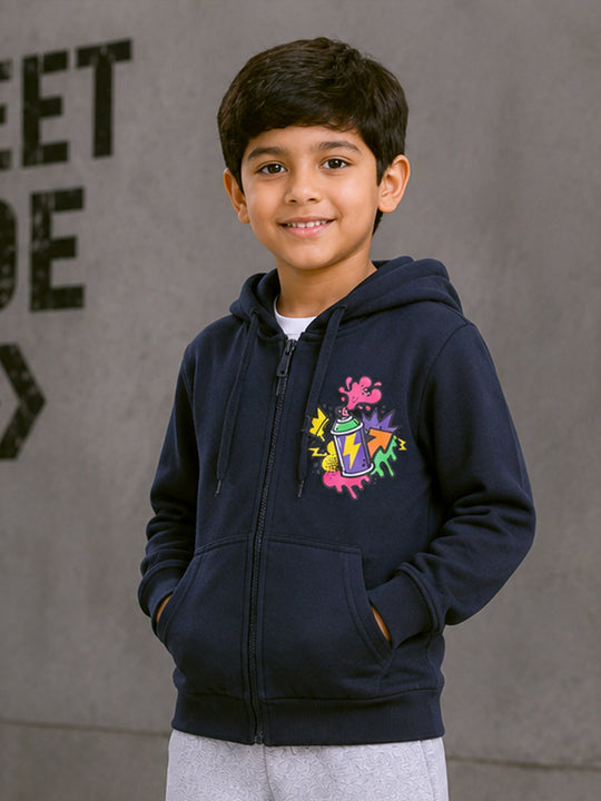 Kiddopant Boys Cotton Blend Fleece Full Sleeves Front Zip Open Graphic Printed Hooded Sweatshirt