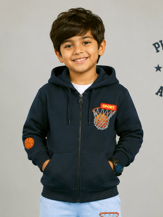 Kiddopant Boys Cotton Blend Fleece Full Sleeves Front Zip Open Graphic Printed Hooded Sweatshirt