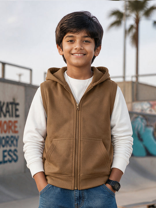 Kiddopanti Boys Cotton Blend Fleece Solid Sleeveless Zip Front Hooded Sweat Jacket with Kangaroo Pocket
