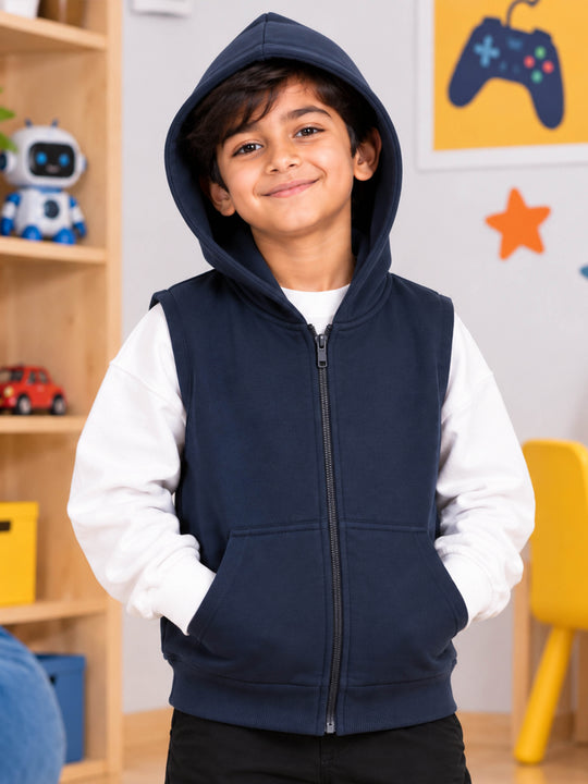 Kiddopanti Boys Cotton Blend Fleeve Sleeveless Solid Zip Front Hooded Sweat Jacket with Kangaroo Pocket