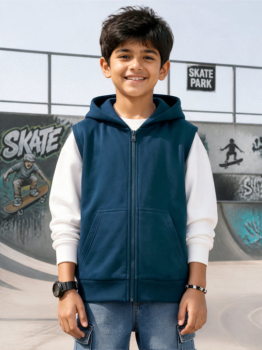 Kiddopanti Boys Cotton Blend Fleece Solid Sleeveless Zip Front Hooded Sweat Jacket with Kangaroo Pocket