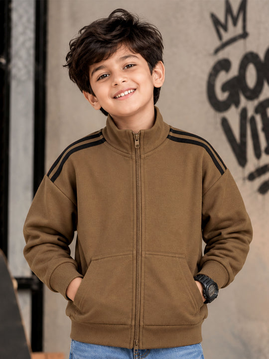 Kiddopanti Boys Cotton Blend Fleece Solid High Neck Drop Shoulder Zip Front Sweatshirt with Shoulder Stripe Tape