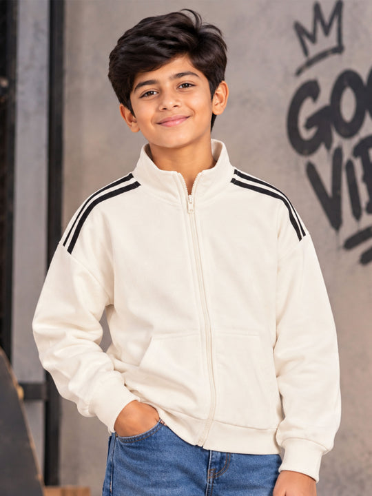 Kiddopanti Boys Cotton Blend Fleece Solid High Neck Drop Shoulder Zip Front Sweatshirt with Shoulder Stripe Tape