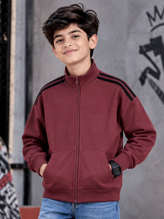 Kiddopanti Boys Cotton Blend Fleece Solid High Neck Drop Shoulder Zip Front Sweatshirt with Shoulder Stripe Tape